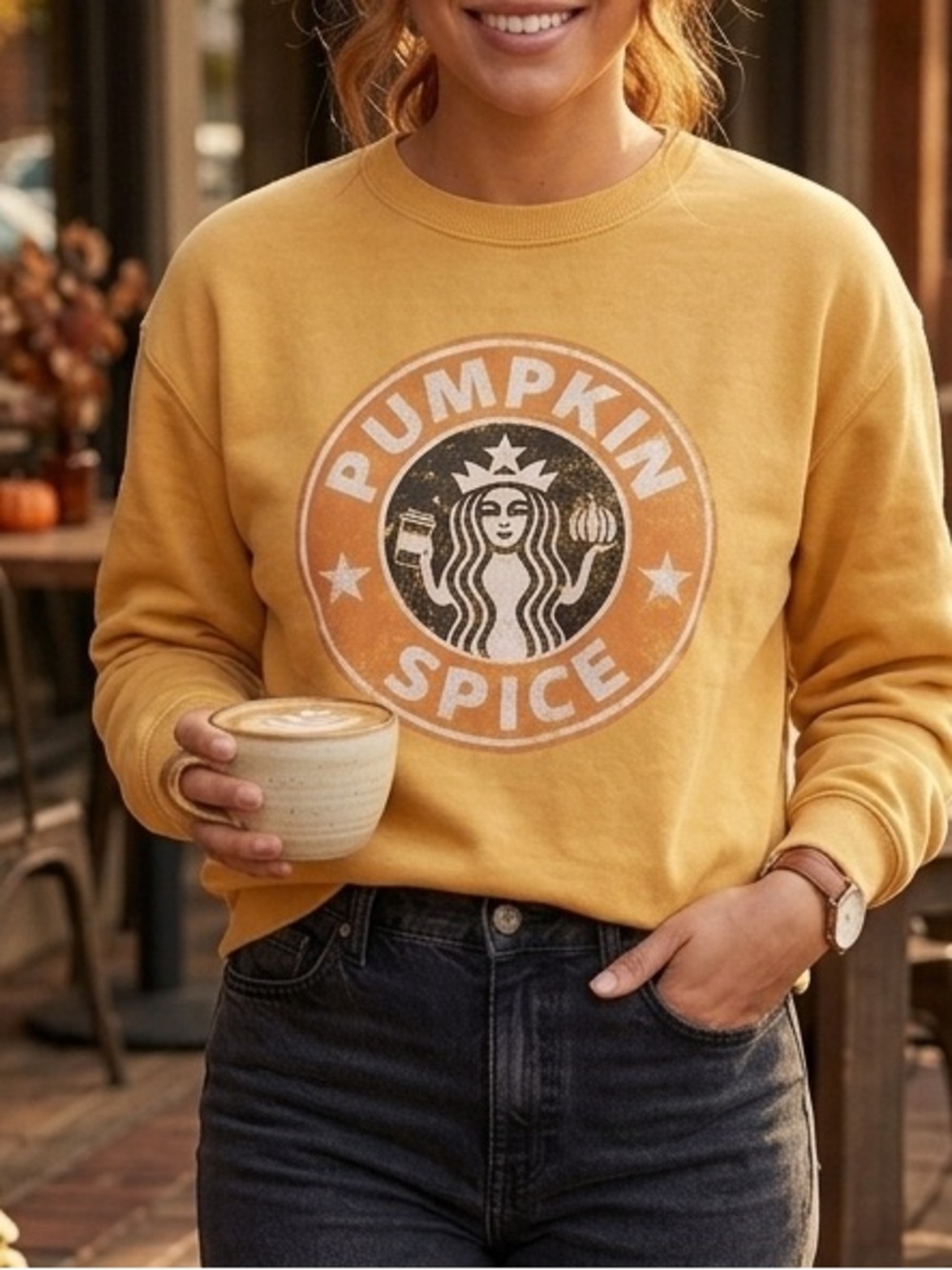 Pumpkin Spice Graphic Scoopneck Crewneck Sweatshirt Orange/Mustard Size M